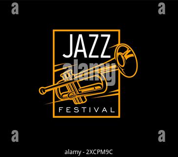 Jazz music icon, stylish vector emblem, showcasing golden trumpet instrument within a bold square frame on a black background. Elegant and vibrant label for live musical concert or jazz festival Stock Vector