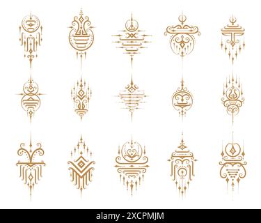 Sacred oriental thai symbols, vector traditional golden motifs. Religious and cultural decorations, reflecting Thailand rich artistic heritage, spiritual depth and representing path to enlightenment Stock Vector