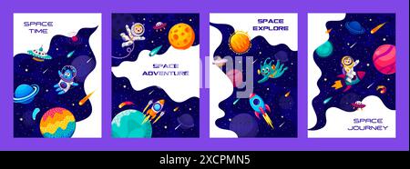 Space journey and galaxy explore posters with cartoon kid alien and astronaut characters, rocket and planets. Space exploration and discovery, outerspace travel vector posters with UFO and rockets Stock Vector