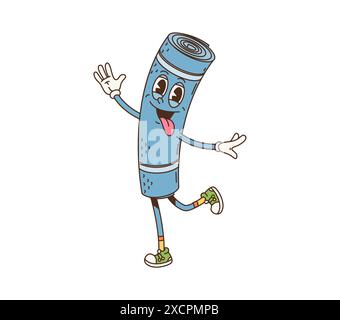 Cartoon camp mat retro groovy travel tourism character. Isolated vector anthropomorphic tourist and camping equipment wearing sneakers, stands in playful pose, with cheerful expression and tongue out Stock Vector