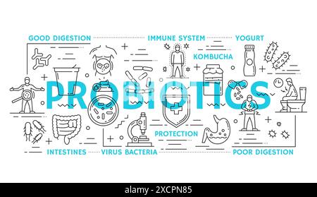 Intestine health and probiotics line vector icons or infographics. Yogurt, kombucha, intestines and bacteria. Poor or good digestion, immune system, protection linear symbols in black and blue colors Stock Vector
