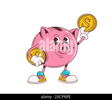 Cartoon retro groovy piggy bank character. Isolated vector cheerful hippie style pink piggy bank personage with a wide smile, and a coin slot on its back, eager to save money and bring financial joy Stock Vector