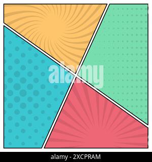 Colorful comic book page background in pop art style. Empty template with rays and dots pattern. Vector illustration Stock Vector
