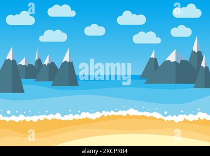 Vector landscape with summer beach and rocks. Waves of the sandy beach, blue sky, sea and mountains. Landscape vector illustration. Stock Vector