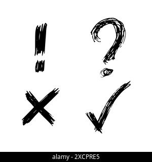 Hand drawn check, cross, question mark and exclamation mark symbols. Set of four black sketch symbols. Vector illustration Stock Vector