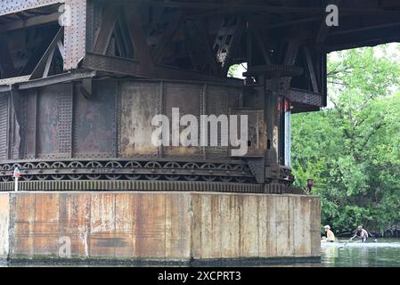 Close up of the rotating center bridge support of the Illinois Central Swing Bridge which crosses over the Chicago River on the cities south side. Stock Photo