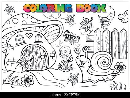 Black and white illustration of a smiling snail near a mushroom house with other fantasy elements, ideal for children's coloring activities. Stock Vector