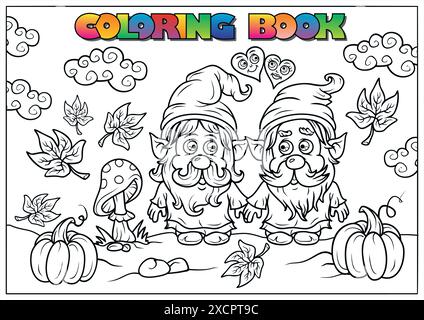 Whimsical illustration of two gnomes holding hands in an autumn landscape, ready for kids and adults to color Stock Vector