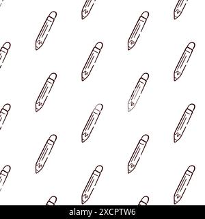 Pencil with eraser seamless pattern in doodle style. Design for school. Vector illustration isolated on a white background. Stock Vector