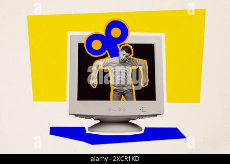 Composite trend artwork sketch image 3D photo collage of marionette master mechanical key fingers young man appear from computer monitor Stock Photo
