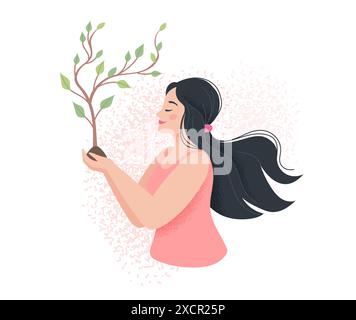 Inner self and mindfulness concept. Woman holding a growing tree, mental health and self care. Vector illustration in flat style Stock Vector