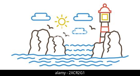 Seascape with silhouette of lighthouse on rocks, seagulls flying above waves, line icon vector illustration Stock Vector