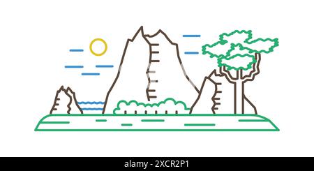 Simple mountain landscape and sea waves on horizon, line icon vector illustration Stock Vector