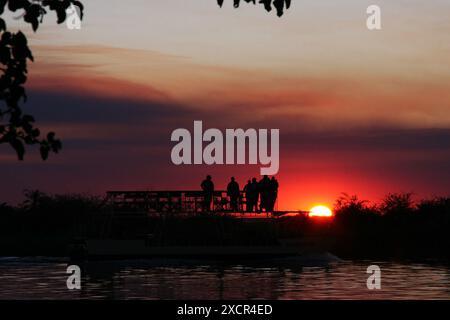 Tourists on a sunset boat trip on the Chobe River, Botswana Stock Photo