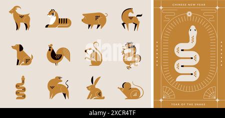 Golden Chinese horoscope zodiac collection, geometric minimalist style. Animals symbols of Chinese New year . Set of mascots: rabbit, dragon, snake Stock Vector