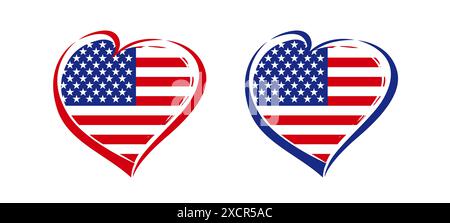 Set of creative hearts with US flag and clipping mask. Brushing stroke flat style. Holiday concept. Isolated design. T shirt graphic. Gift logo Stock Vector