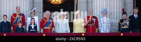 15.6.24. Member of The Royal Family on the balcony of Buckingham Palace after Trooping the Colour 2024 parade. Left to right: Prince George; Prince William, the Prince of Wales; Prince Louis; Catherine, Princess of Wales; Princess Charlotte; King Charles III, Queen Camilla; Duchess of Edinburgh; Duke of Edinburgh; Lady Louise Windsor; Anne, Princess Royal; Vice Admiral Timothy Laurence. Stock Photo