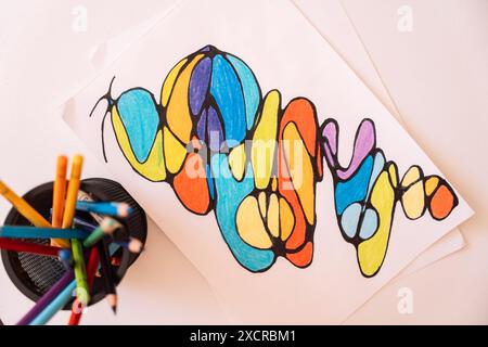 Neurographic drawing colored with colored pencils on white paper Stock Photo
