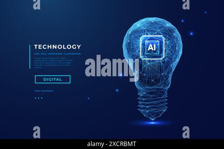 Abstract digital AI chip and lightbulb on technology blue background. Stock Vector