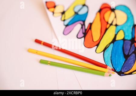 Neurographic drawing colored with colored pencils on white paper Stock Photo