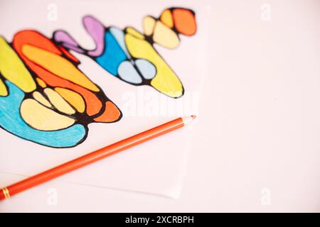 Neurographic drawing colored with colored pencils on white paper Stock Photo
