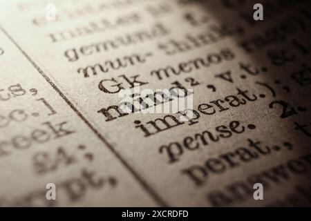 Word mind on dictionary page, macro close-up Stock Photo