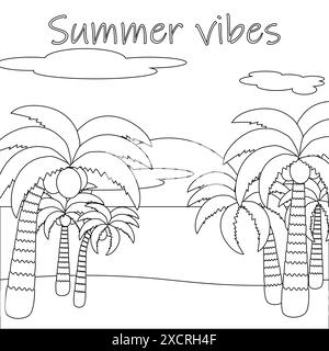 Detailed black and white vector illustration of a tropical beach with palm trees and clouds. Perfect for a summertime coloring activity. Stock Vector