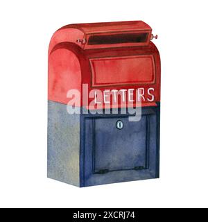 Watercolor illustration, mailbox of different colors, blue, red, letters with white inscription. All elements are hand-painted with watercolors. Stock Photo