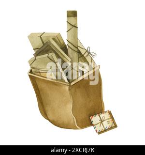 Mail bag with letters and parcels. Watercolor illustration. All elements are hand-painted in brown using watercolors. Suitable for printing on cards. Stock Photo