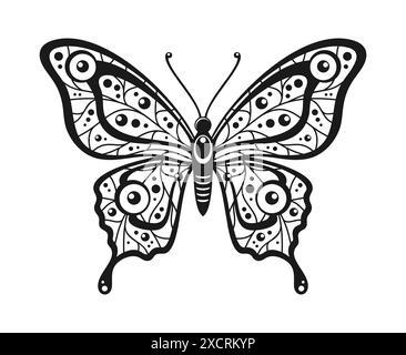 Black and white butterfly with a pattern of lines and circles on the wings, isolated on a white background. Vector illustration Stock Vector