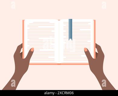 Black woman reading a book. Hands holding open book with bookmark. Flat vector illustration Stock Vector