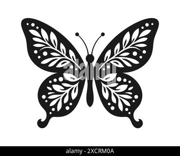 Black silhouette of a butterfly with a pattern of leaves and circles on the wings, isolated on a white background. Vector illustration Stock Vector