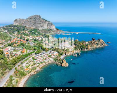 Aerial view of  Kalura Beach and Rock of Cefalu, Sicily island, Italy Stock Photo