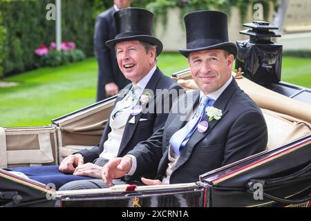 Ascot, Berkshire, UK. 18th June, 2024. Anne, the Princess Royal with Lady Gabriella Kingston in a carriage with Peter Phillips and John Warren. The Royal Procession with members of the Royal family and their guests in carriages makes its way through the parade ring at Royal Ascot on Day 1 of the horse racing event. Royals and invited guests then mingle on the lawn before moving to the Royal enclosure. Credit: Imageplotter/Alamy Live News Stock Photo