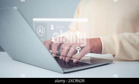 Man wearing a cream shirt chatting with a smart AI using an artificial intelligence chatbot developed by OpenAI, Chat bot concept, Artificial intellig Stock Photo