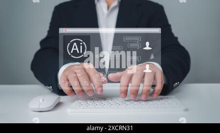 Businessman chatting with a smart AI using an artificial intelligence chatbot developed by OpenAI, Chat bot concept, Artificial intelligence system su Stock Photo