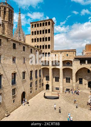 Barcelona, Spain - June 4, 2024: Placa del Rei square, in Barcelona, Spain, highlighting the facade of Palau Reial Major palace in the center, and the Stock Photo