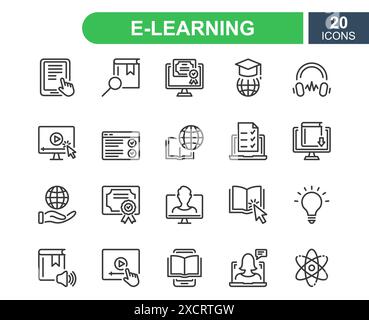 E-learning, online and distance education line icon. Online training, webinar, education, course, elearning, conference, exam. Online education line Stock Vector
