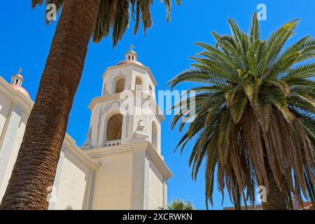 Spanish colonial revival style tower of Saint Augustine Cathedral framed by palm trees  in downtown Tucson —  Arizona, April 2024 Stock Photo