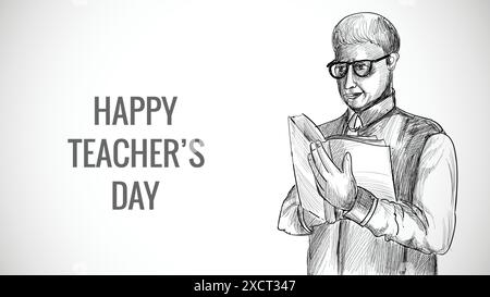 Hand drawn art sketch male teacher with teachers day background Stock Vector