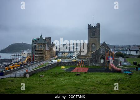 View over the Coastal Town of Aberystwyth in Wales from the ruins of the old Castle on a cold, overcast day. Stock Photo