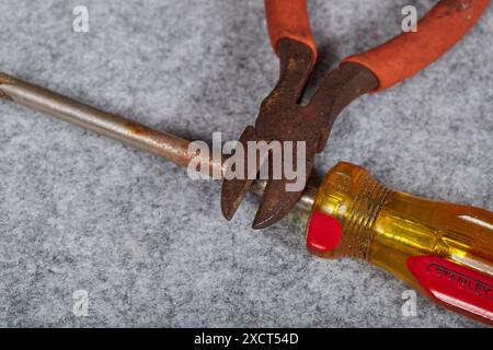 Rusty neglected hand tools, pliers, screwdriver and a hammer! Stock Photo