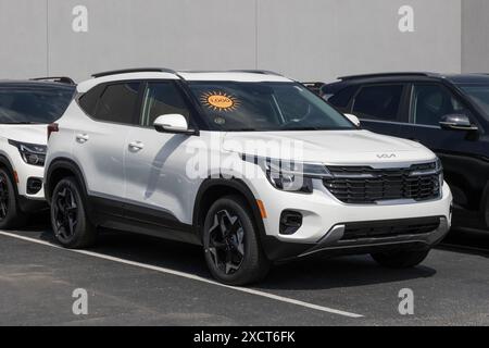 Avon - June 16, 2024: Kia Seltos EX display at a dealership. Kia offers the Seltos with a 2.0L MPI 4-cylinder engine. MY:2024 Stock Photo