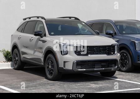 Avon - June 16, 2024: Kia Sorento X-Pro display at a dealership. Kia offers the Sorento with a 2.5L Turbocharged engine. MY:2024 Stock Photo