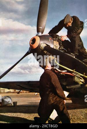 A photograph shows ground crew members, colloquially referred to as 'Black Men' due to their grease-stained uniforms, working on a Messerschmitt Bf 109 (Me 109) during the Second World War. The Me 109 was a crucial fighter aircraft for the Luftwaffe, known for its versatility and effectiveness in combat. These ground crews were essential in maintaining and preparing the aircraft for missions, ensuring they were in optimal condition for the Luftwaffe pilots who relied on them in various theaters of war. Stock Photo