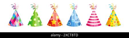 Cone caps cute collection. Set of 3D holiday hats. Vector clipart. Icon template. Greeting card graphic elements. Sample design. Isolated shapes. Fest Stock Vector