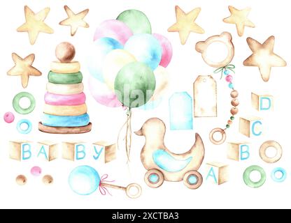 Children's toys, pyramid, wooden cubes, duck, rattle, stars. Isolated watercolor illustration on white background. Suitable for textiles, scrapbooking Stock Photo