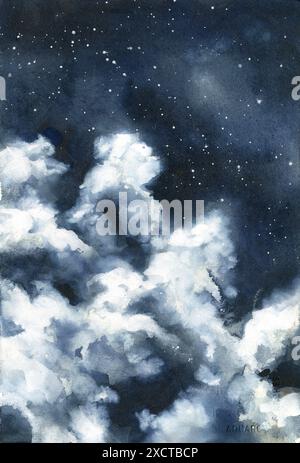 Cloudy night time sky stars kids room decor art for house handmade item watercolor painting (print) Stock Photo