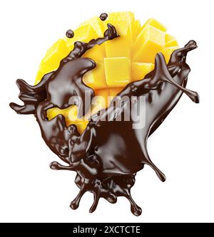mango cube slices in chocolate splash isolated on a white background. Clipping path. 3d rendering. Stock Photo