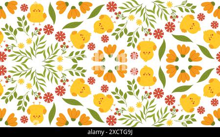 Seamless spring pattern with flowers and chicks in a cute, hand-drawn vector style. Ideal for textiles, packaging, and festive decorations. Stock Vector
